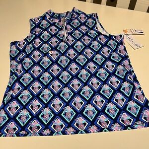 Lulu-B Pineapple Print Sleeveless QuarterZip Top UPF 50+ Cooling Fabric L Lg NWT